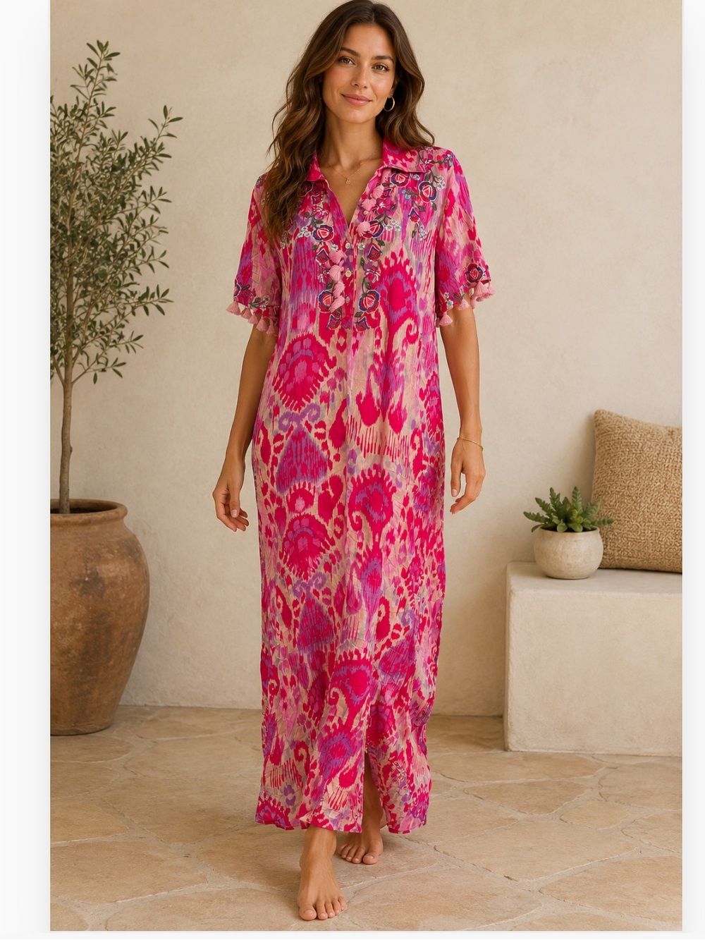Soft Surroundings Pink Palace Maxi Dress Caftan Embroidered Tassels Size XL NEW